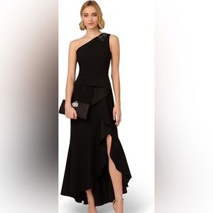 Adrianna Papell Womens Beaded Black Knit Crepe Gown size 12 Cold Shoulder